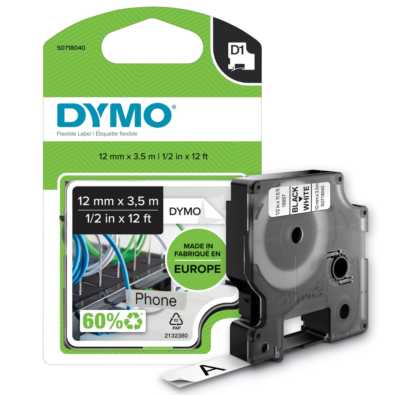 Dymo D1 tape - permanent nylon tape 12mmx3,5m - black|white