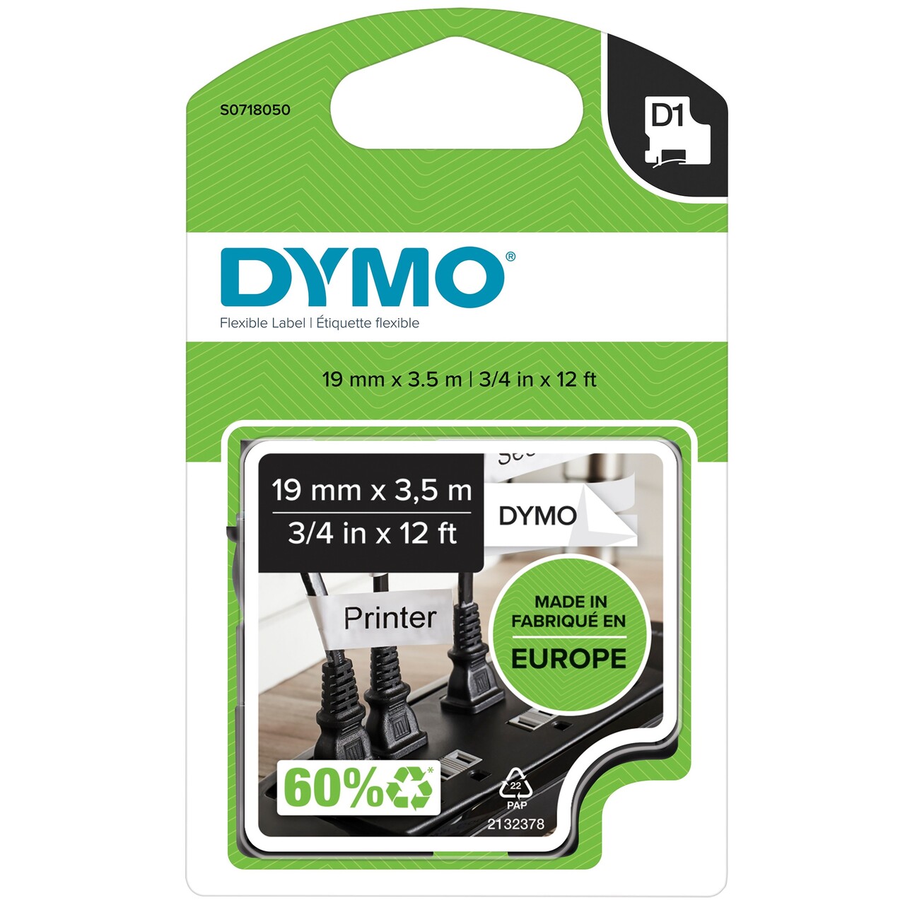 Dymo D1 tape - permanent nylon tape 19mmx2,5m - black|white