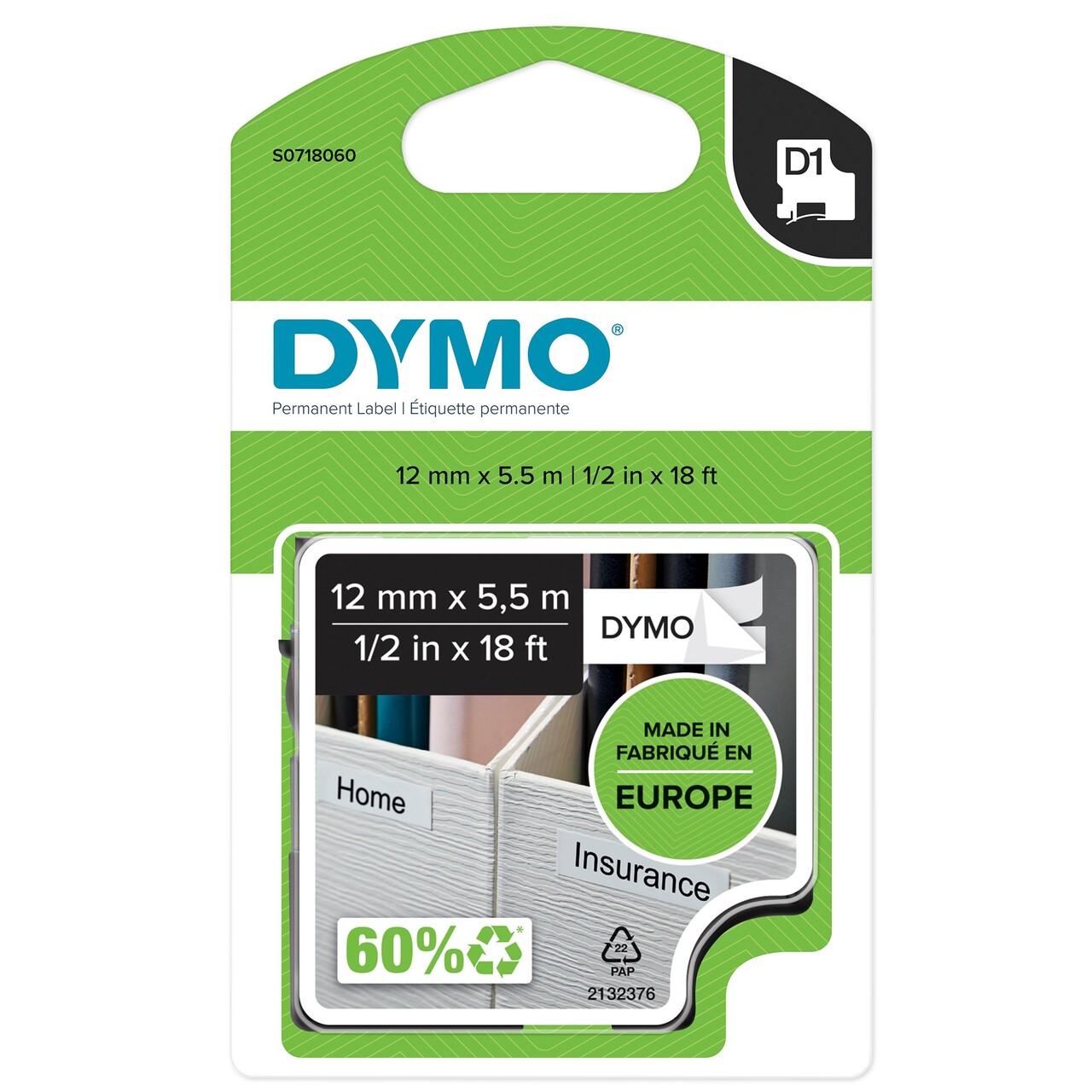 Dymo D1 tape - permanent polyester tape 12mmx5,5m - black|white