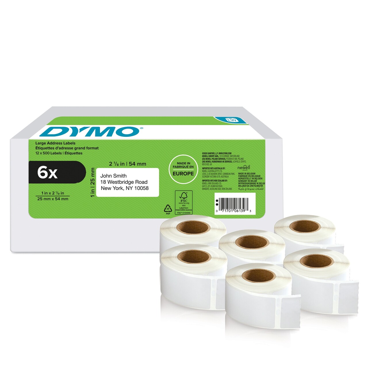 Dymo LabelWriter 25mmX54mm Return Address Labels 6 Rolls of 500 L