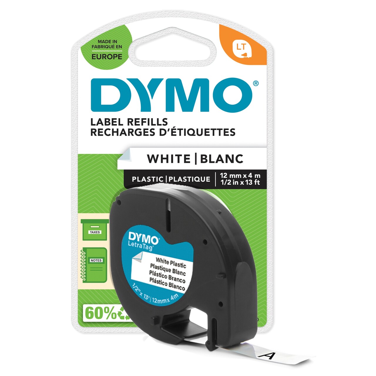 Labeltape - Dymo LetraTag Plastik - 12 mm x 4m - Hvid