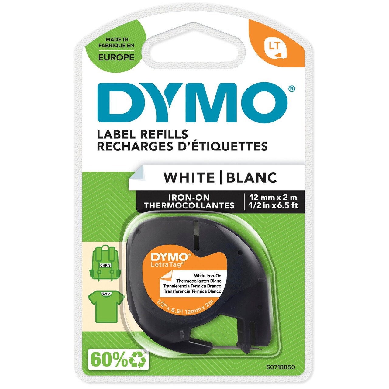 Tape - Dymo LetraTAG - Stryg-på - Hvid - 12 mm x 2 m - 1 rulle