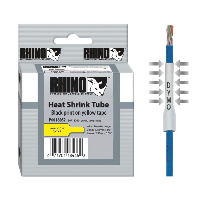 DYMO RHINO 18052 - Labeltape gul krympeflex 6 mm x 1,5 m