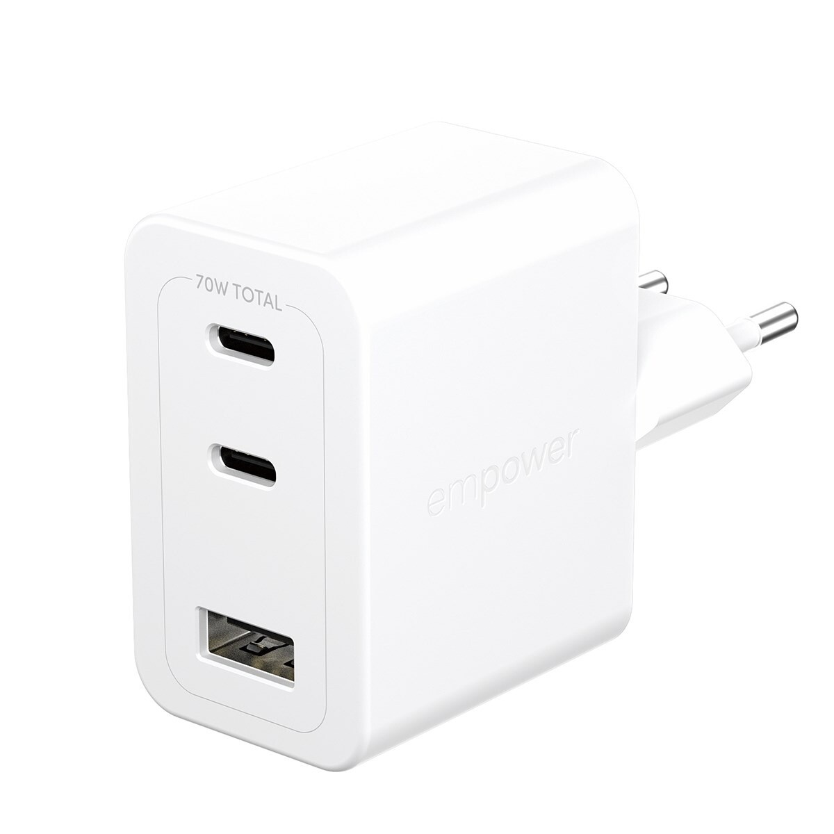 Oplader, Empower by PanzerGlass, Turbo 70W, Multiple Charger, 2x USB-C+USB-A, EU stik, Hvid