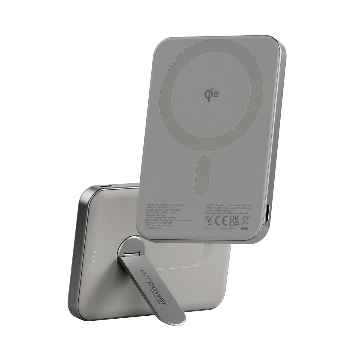 Powerbank, Empower by PanzerGlass, empower Bank w. Spin Stand, trådløs, 5000mAh, Titanium, grå