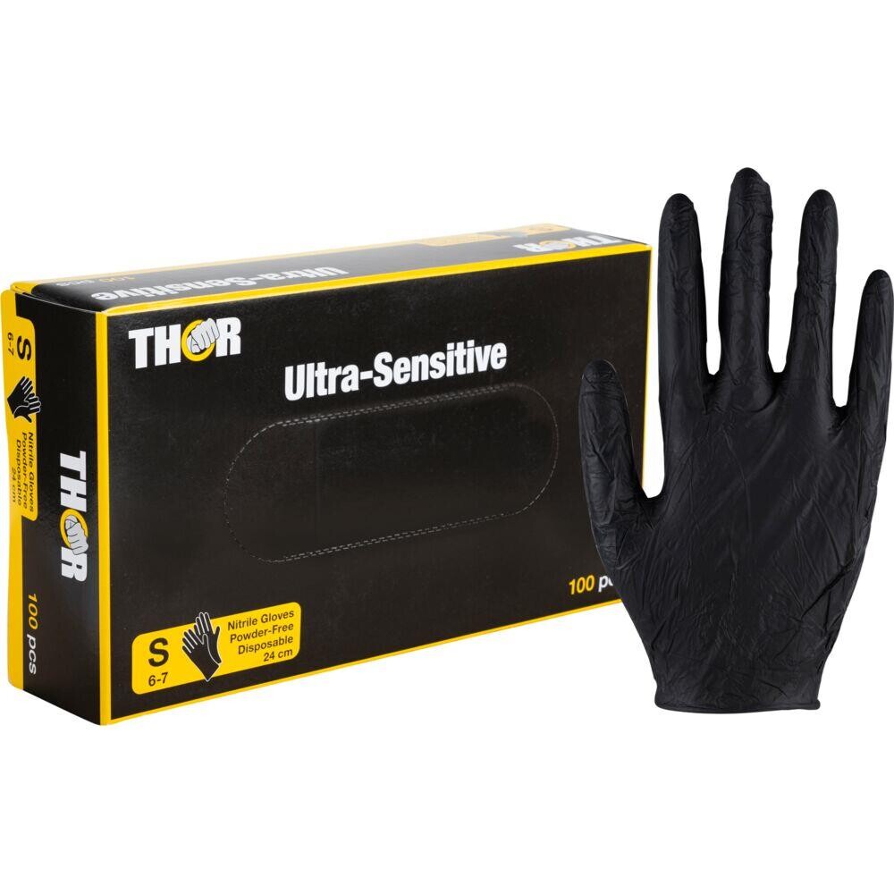 Engangshandsker THOR Ultra Sensitive S sort nitril pudderfri - 100 stk
