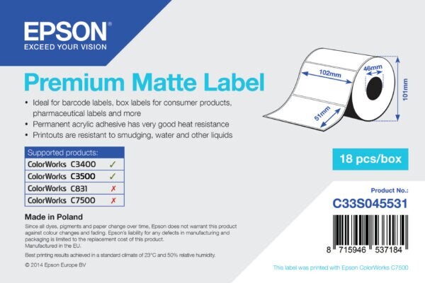 Etiketter Epson High Gloss Label, die-cut roll: 102mm x 51mm, 650 labels