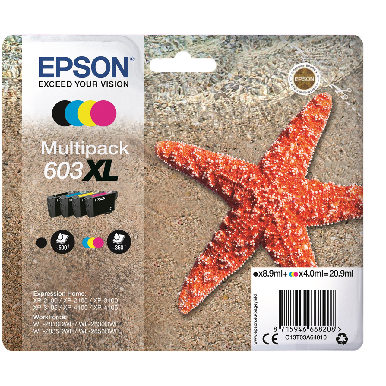 Epson T03U 603XL, Blækpatron med alarm, Sampak med 4 farver