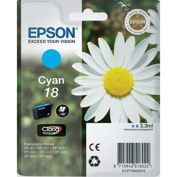 Epson T1802, Blækpatron, Cyan, 180 sider