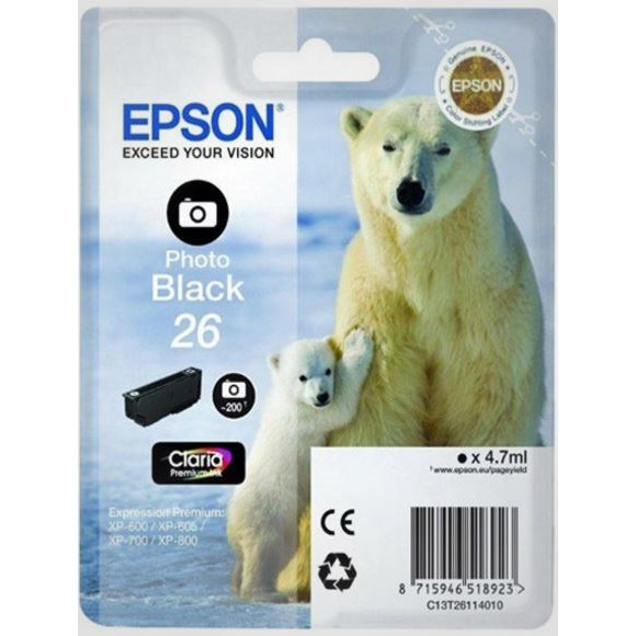 Blækpatron - Epson T2611 (Isbjørn serien) - Sort Foto - Ca. 200 sider