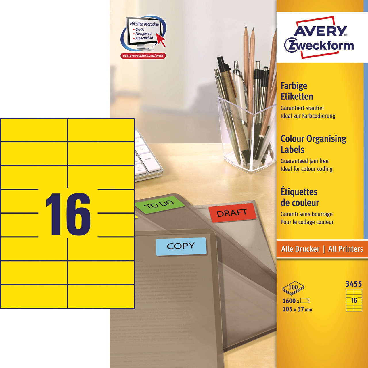 Avery 3455 - Gule etiketter 105 x 37 mm 16 stk pr ark - 100 ark