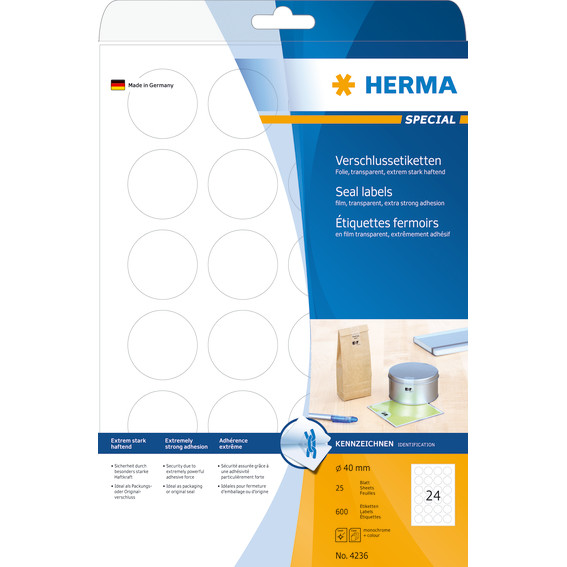Etiketter HERMA Forsegling A4 Ø 40mm (25)