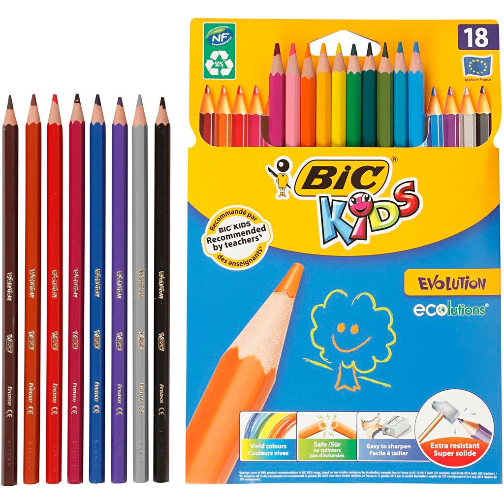 Farveblyanter BIC Kids i 18 forskellige farver sekskantede - Evolution