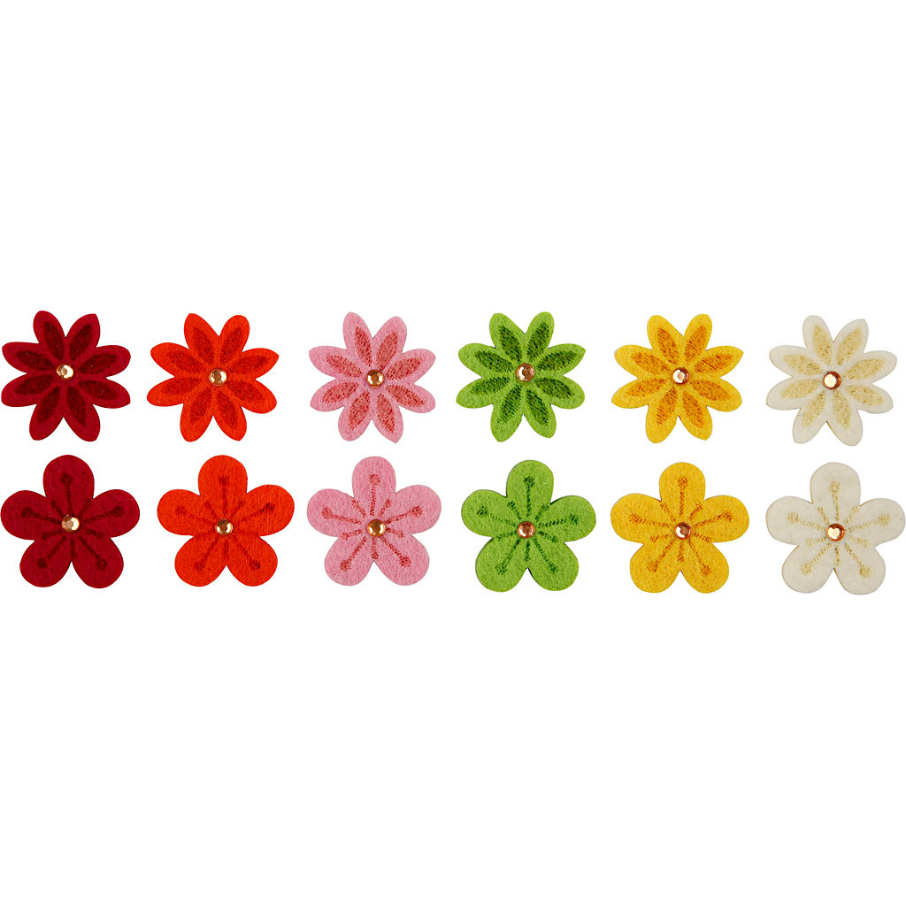 Filtblomster m. rhinsten, dia. 30 mm, tykkelse 2,5 mm, 12ass.