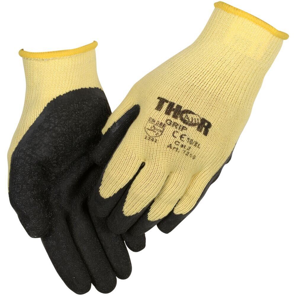 Fingerdyppet latexhandske, THOR Grip, 7, gul, latex/polyester, ribkant - 12 par
