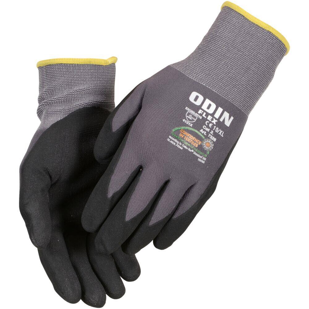 Fingerdyppet nitrilhandske, ODIN Flex, 7, grå, nitril/polyester, lycra overhånd - 12 par