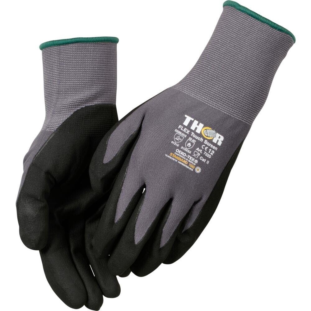 Fingerdyppet nitrilhandske, THOR Flex, 12, sort, nitril/polyester, lycra overhånd - 12 par