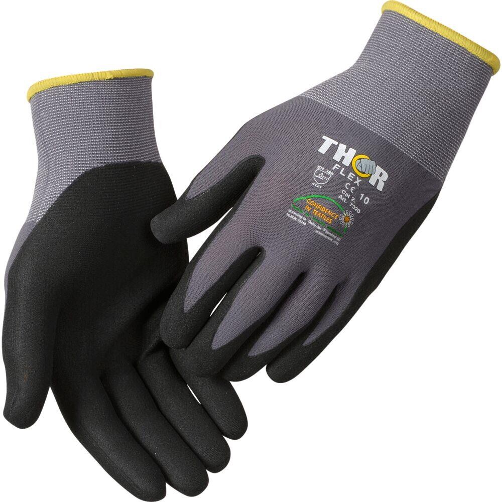 Fingerdyppet nitrilhandske, THOR Flex, 6, sort, nitril/polyester, lycra overhånd - 12 par