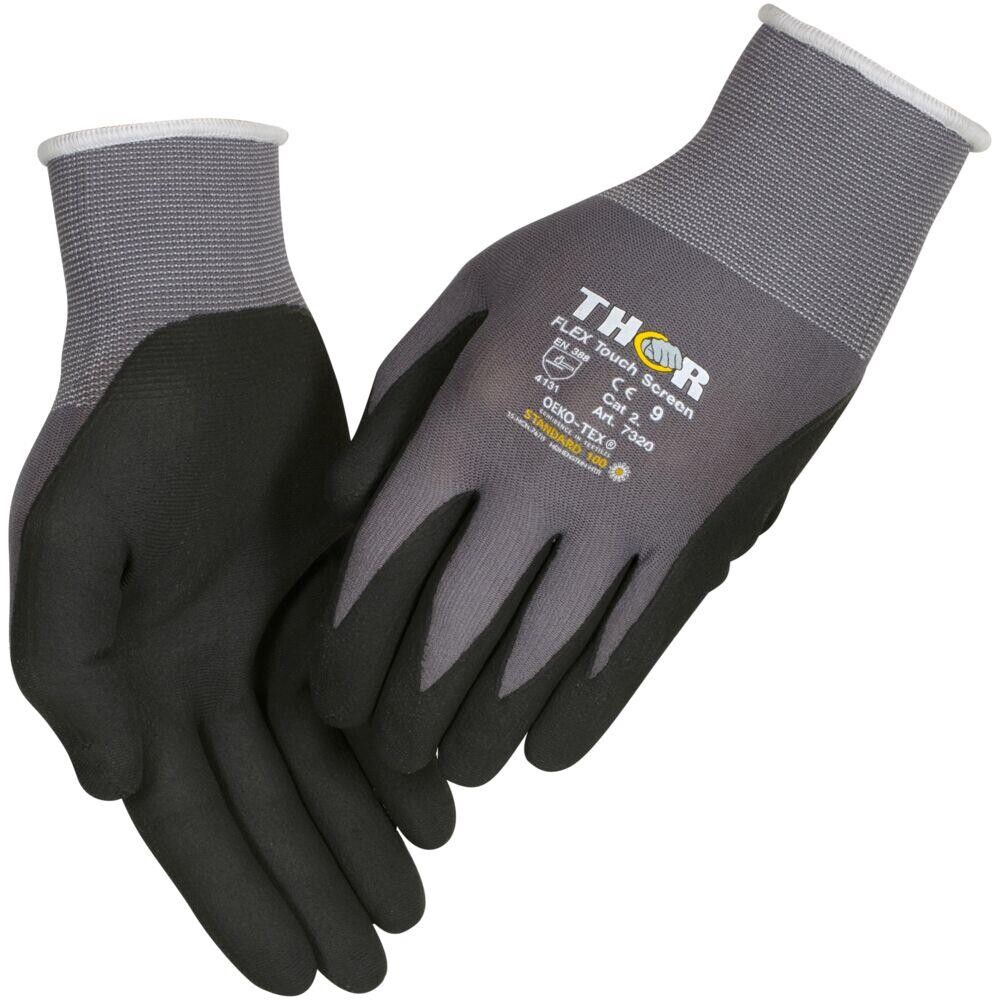 Fingerdyppet nitrilhandske, THOR Flex, 7, sort, nitril/polyester, lycra overhånd, ink tryk