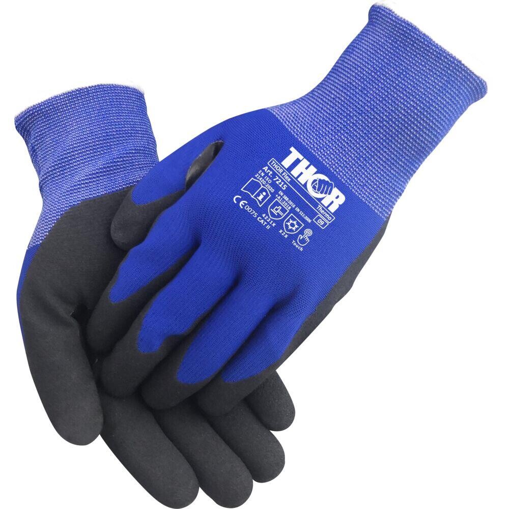 Fingerdyppet nitrilhandske, THOR Flex Thermo, 11, blå, vinterhandske - 12 par