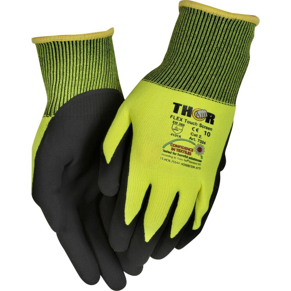 Fingerdyppet nitrilhandske, THOR Flex Touch Screen, 7, sort, nitril/polyester, med gul ribkant - 144 par