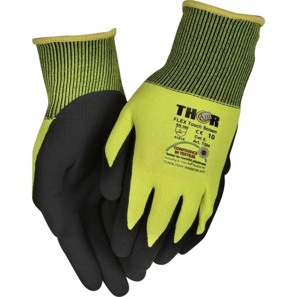 Fingerdyppet nitrilhandske, THOR Flex Touch Screen, 8, sort, nitril/polyester, med gul ribkant - 12 par