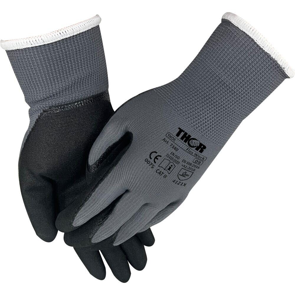 Fingerdyppet nitrilhandske, THOR Flex Work, 7/S, sort, nitril/polyester - 12 par