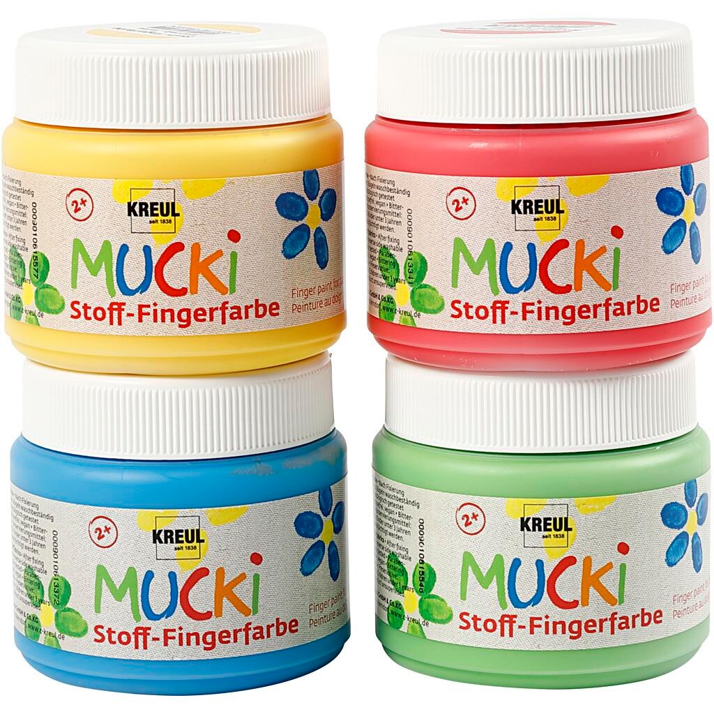 Fingermaling til tekstil, blå, grøn, gul, rød, 4x150ml
