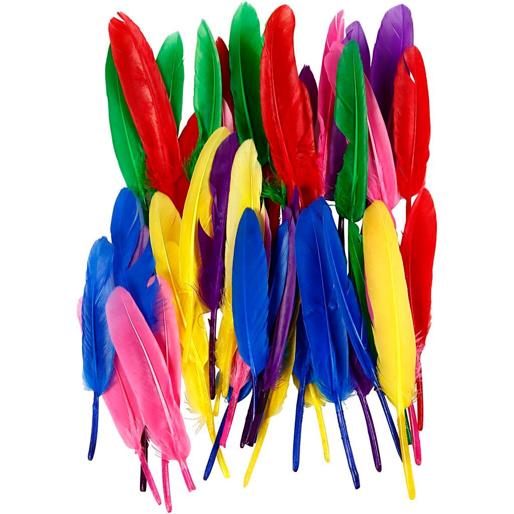 Fjer - 13 cm lang indianerfjer - Assorteret farver - 48 stk.