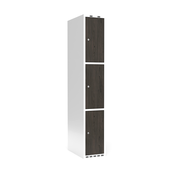 Omklædningsskab 1x300 mm Lige tag 3-delt søjle Laminat dør Nocturne wood Cylinderlås