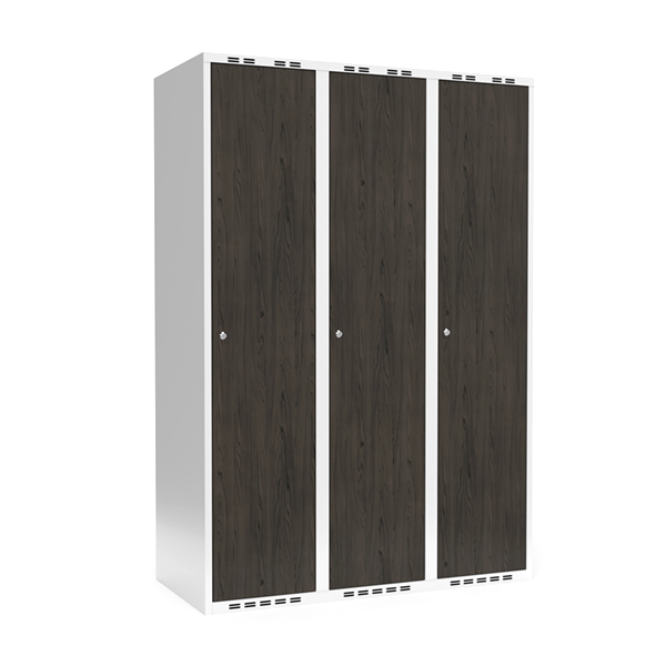 Garderobeskab 3x400 mm Lige tag Hel søjle Laminat dør Nocturne wood Cylinderlås