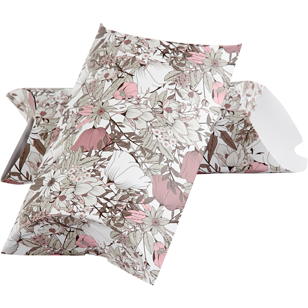 Gaveæsker til indpakning brun beige hvid rosa blomster - 3 stk