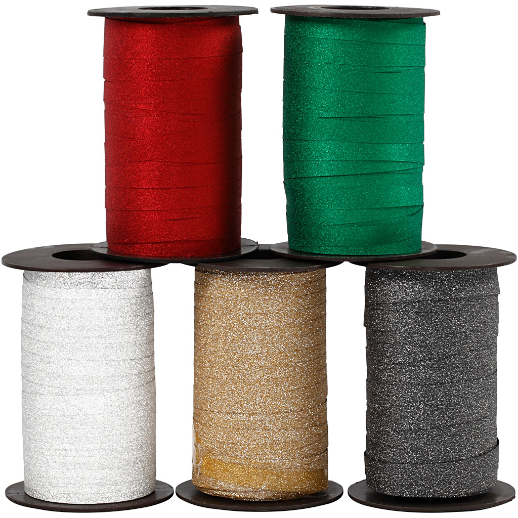 Gavebånd bredde 10 mm assorteret farver glitter | 5 x 100 meter