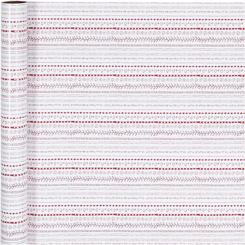 Gavepapir bredde 70 cm 80 gram grøn hvid rød doodles | 4 meter