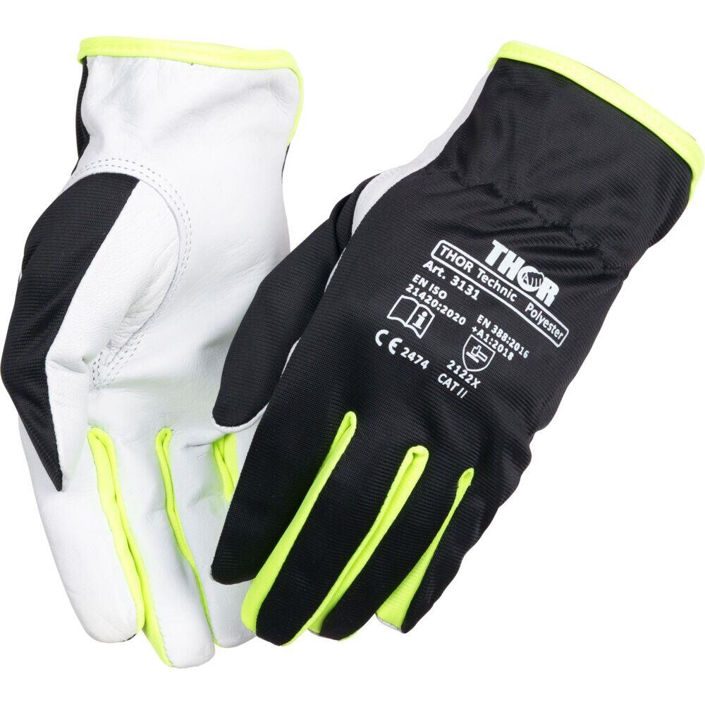Gedeskindshandske, THOR Teknik Polyester, 7, sort, gedeskind/polyester, Hi-vis mellem fingrende - 12 par