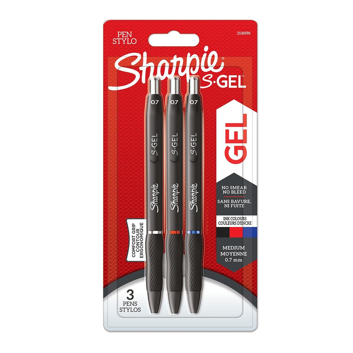 Sharpies tusser Gelpenne S-Gel sort, blå, rød 0,7mm - 3 stk