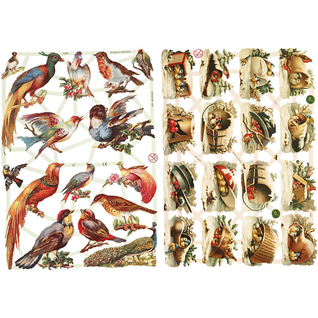 Glansbilleder, ark 16,5x23,5 cm, fugle, 2ark
