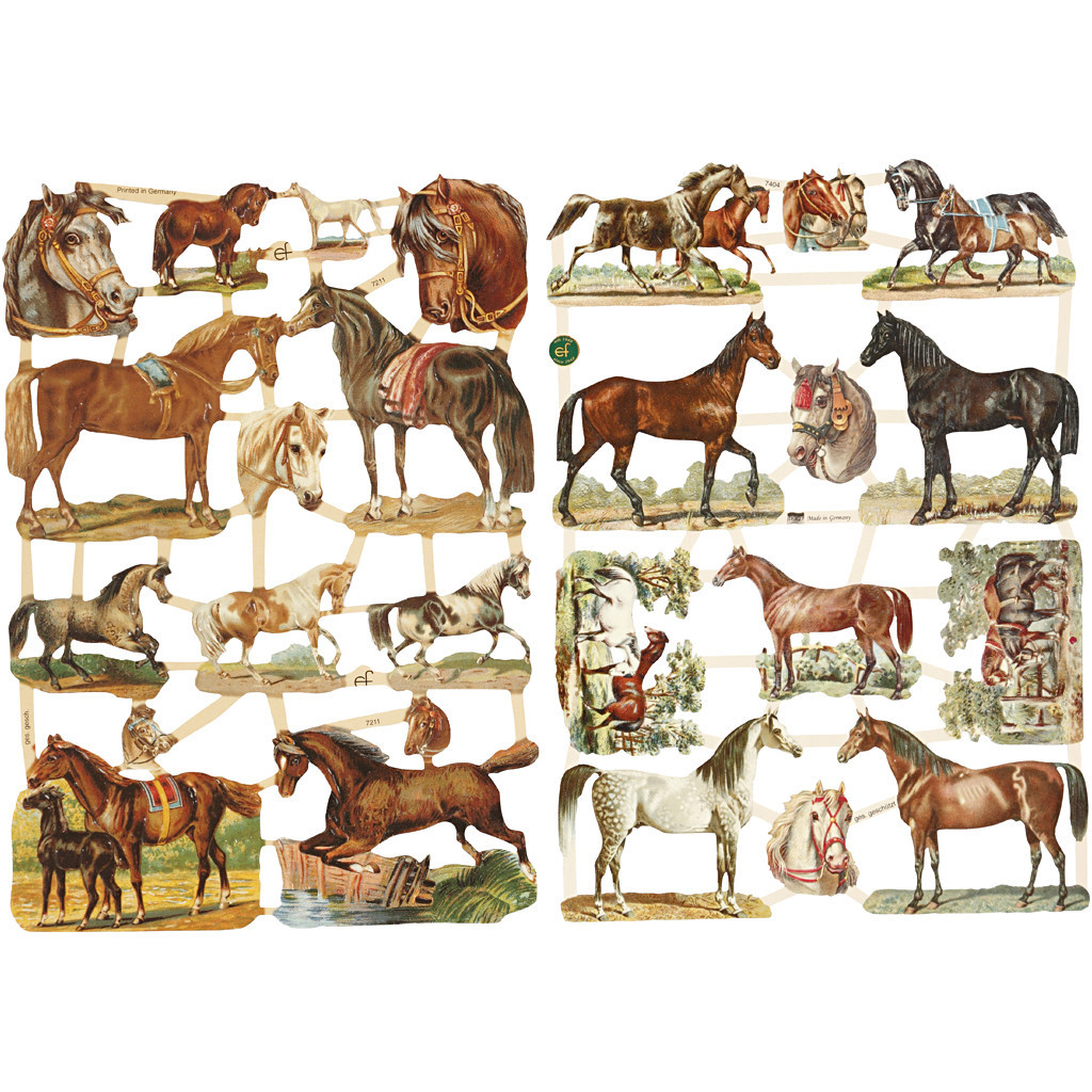 Glansbilleder, ark 16,5x23,5 cm, heste, 2ark