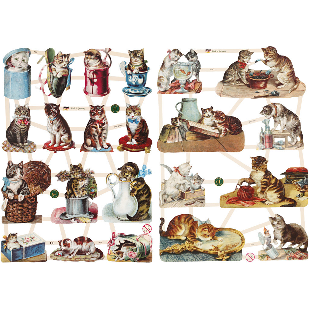Glansbilleder, ark 16,5x23,5 cm, katte, 2ark