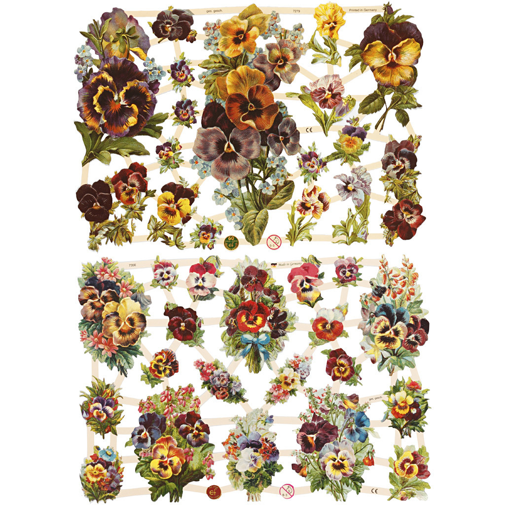 Glansbilleder, ark 16,5x23,5 cm, stedmoderblomster, 2ark