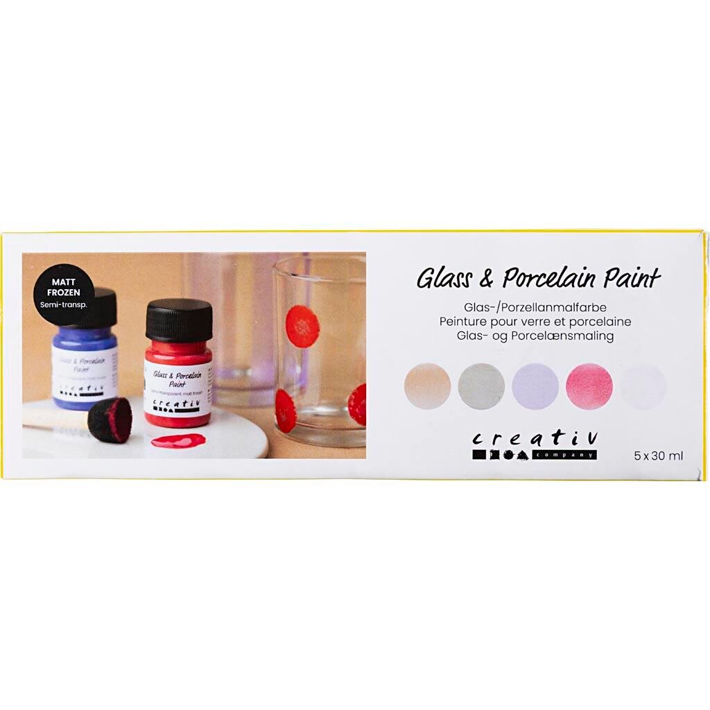 Glas- og Porcelænsmaling, mat frost, halvtransparent, pastelfarver, 5x30 ml/ 1 pk.