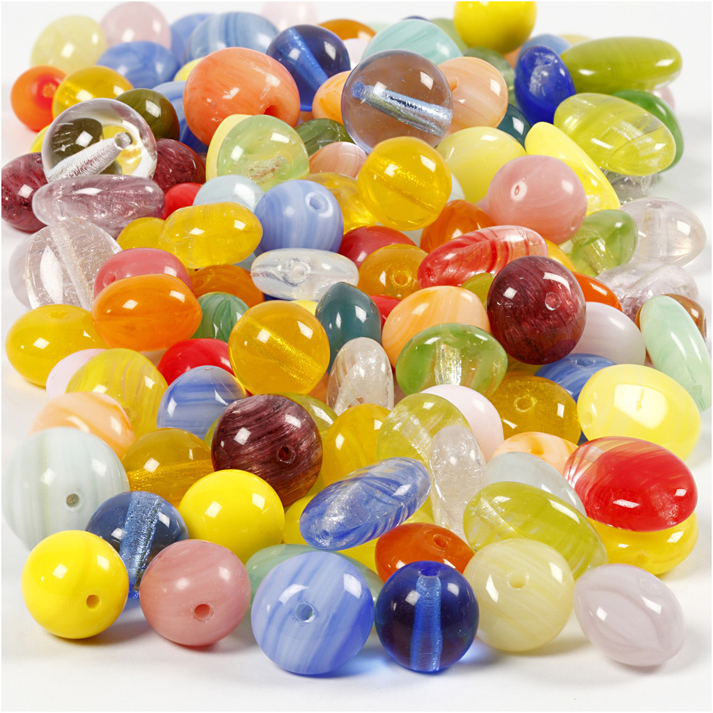 Glasperler rund oval rund-flad 6-13 mm hulstr. 0,5-1,5 mm ass. farver - 350g