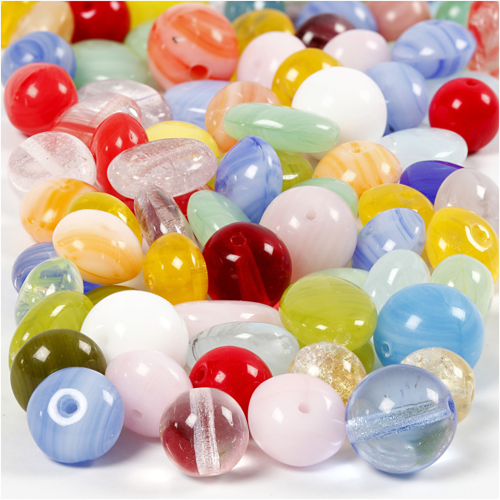 Glasperler rund oval rund-flad 6-13 mm hulstr. 0,5-1,5 mm ass. farver - 60g