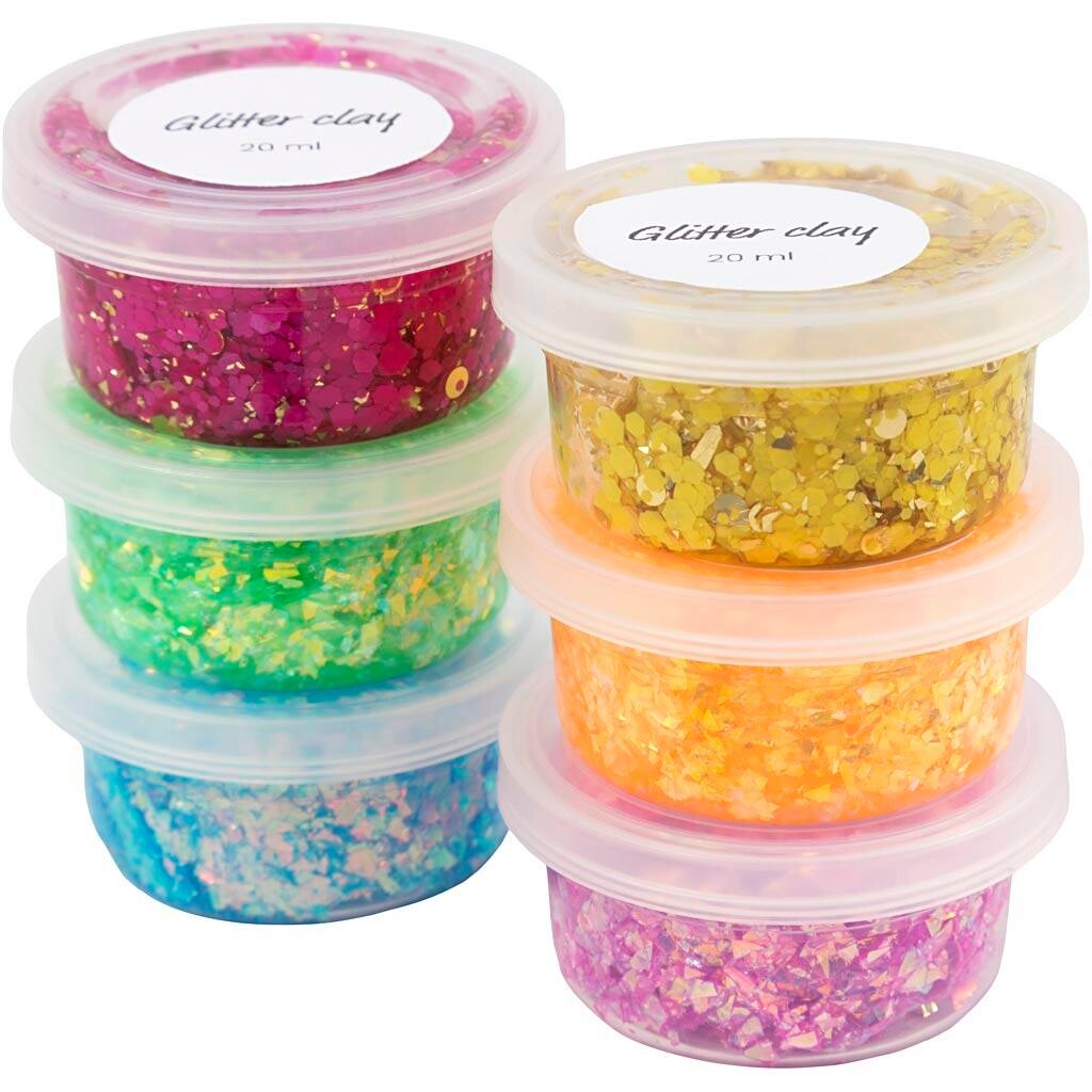 Modelleringsmasse - Glitter Clay - Transparent med glimmer - Ass. farver 6x20 ml