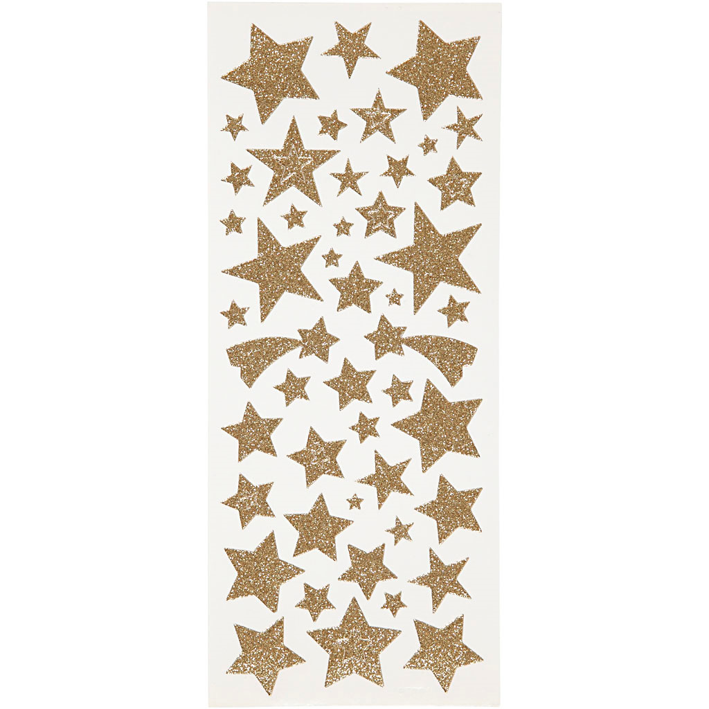 Glitterstickers, ark 10x23 cm, guld, stjerner, 2ark