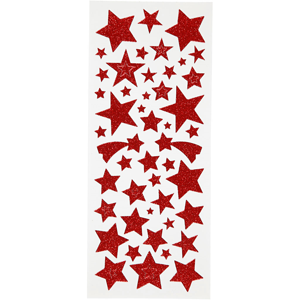 Glitterstickers, ark 10x23 cm, rød, stjerner, 2ark