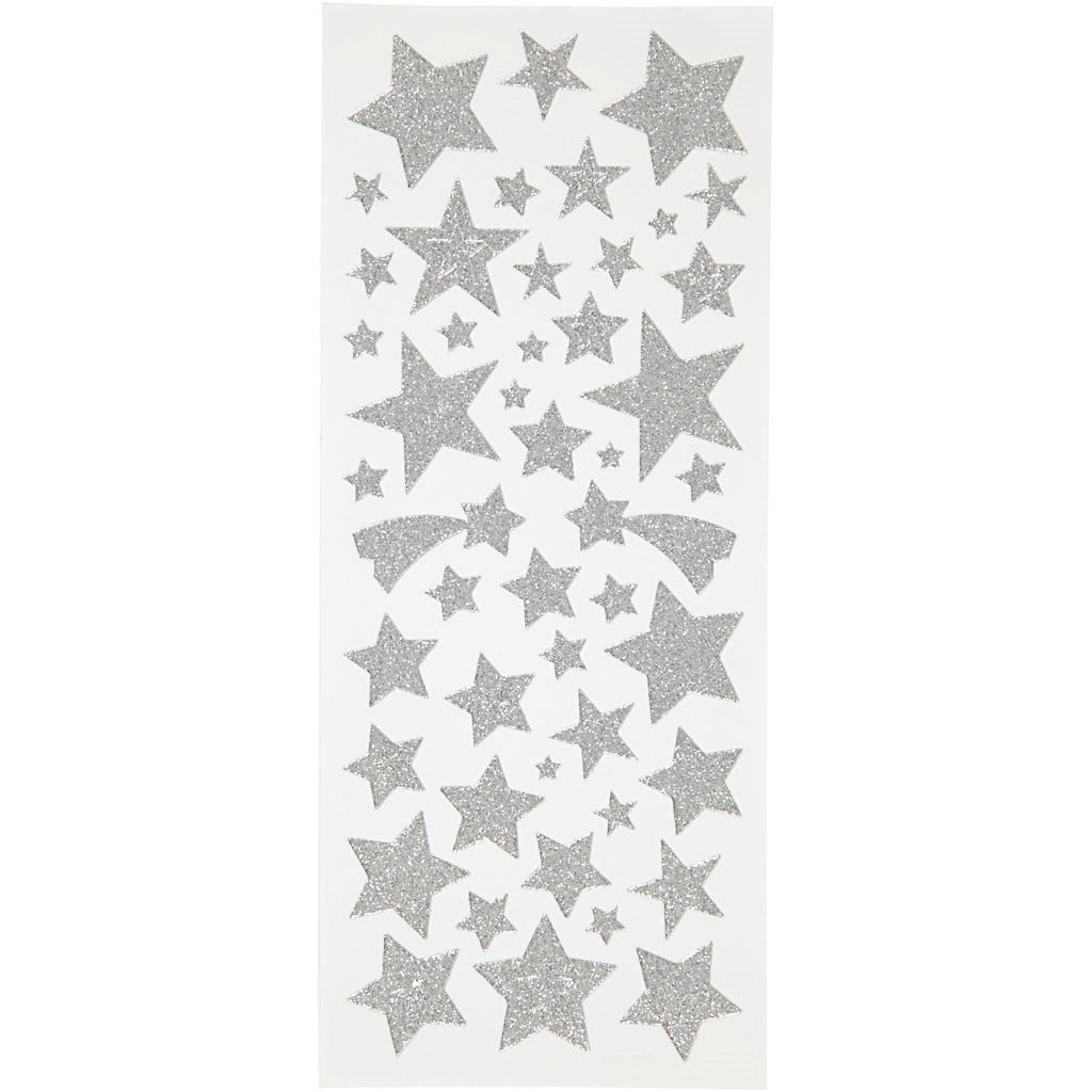 Glitterstickers, ark 10x23 cm, sølv, stjerner, 2ark
