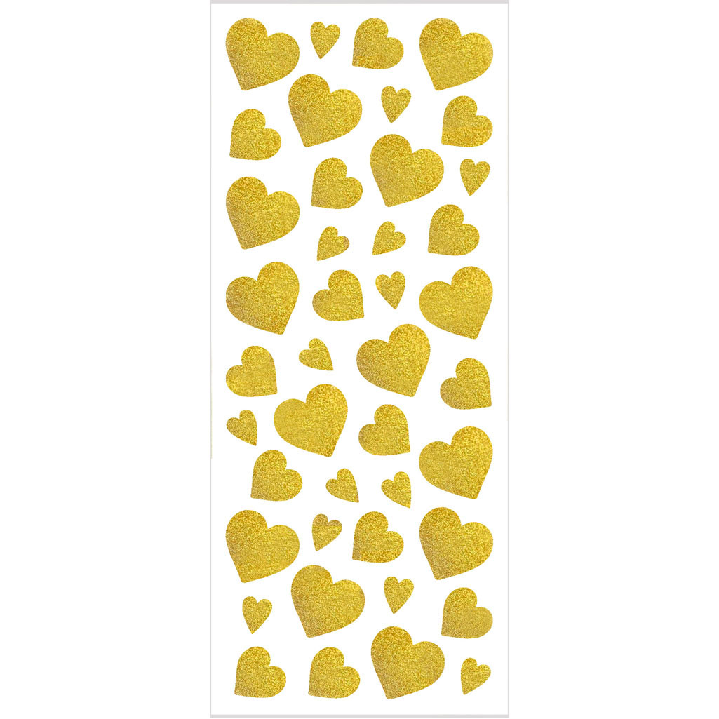 Glitterstickers – Guld – Hjerter – 10×24 cm – ca. 84 stk – 2 ark