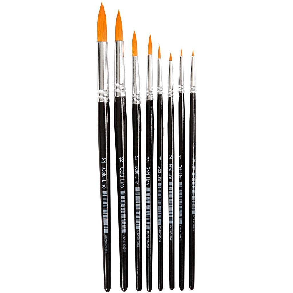 Akvarel pensler Gold Line Pensler, nr. 0-22 , B: 1,5-8 mm, rund, 8ass.