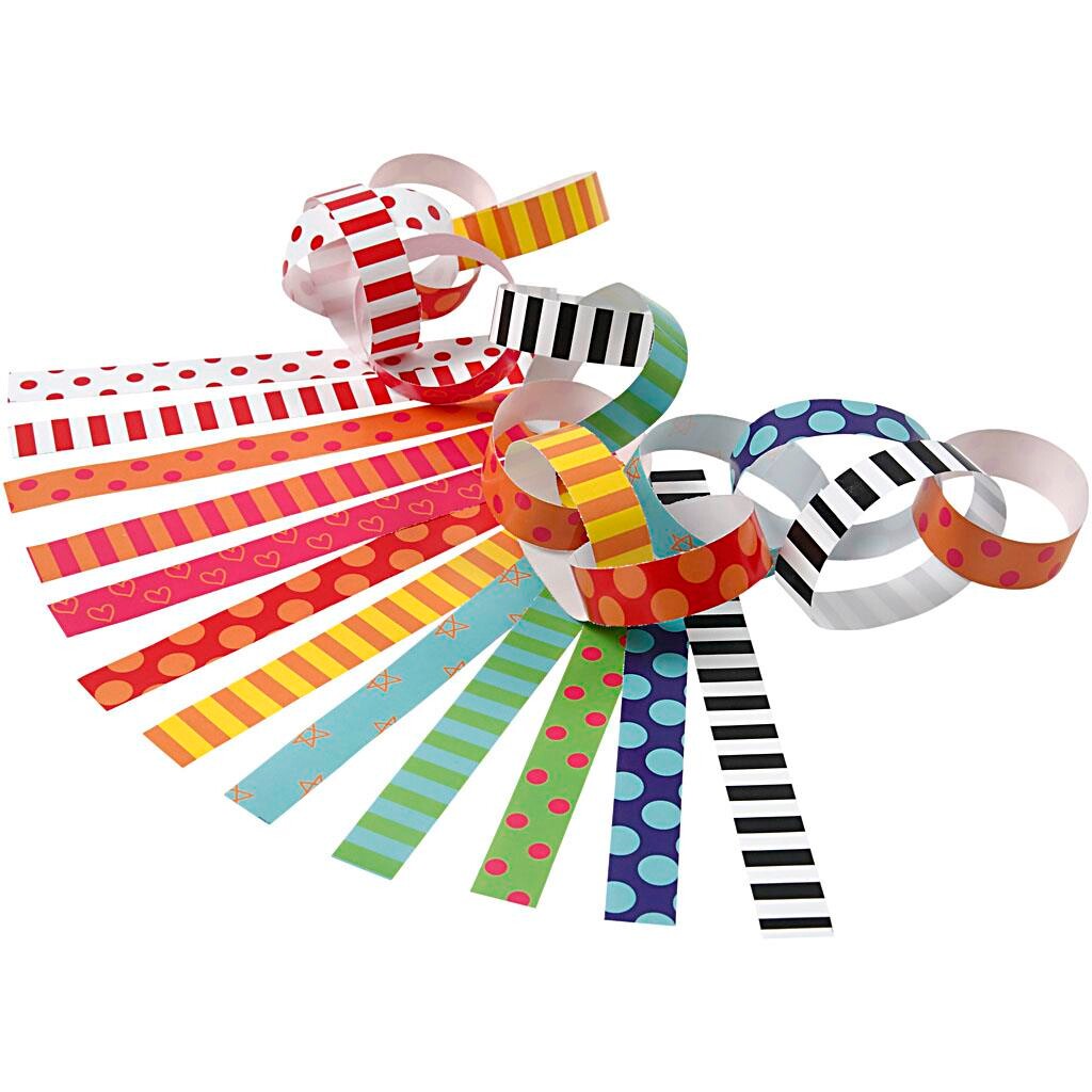 Guirlande strimler med print ass. farver Længde 16 cm Bredde 15 mm - 400 stk.